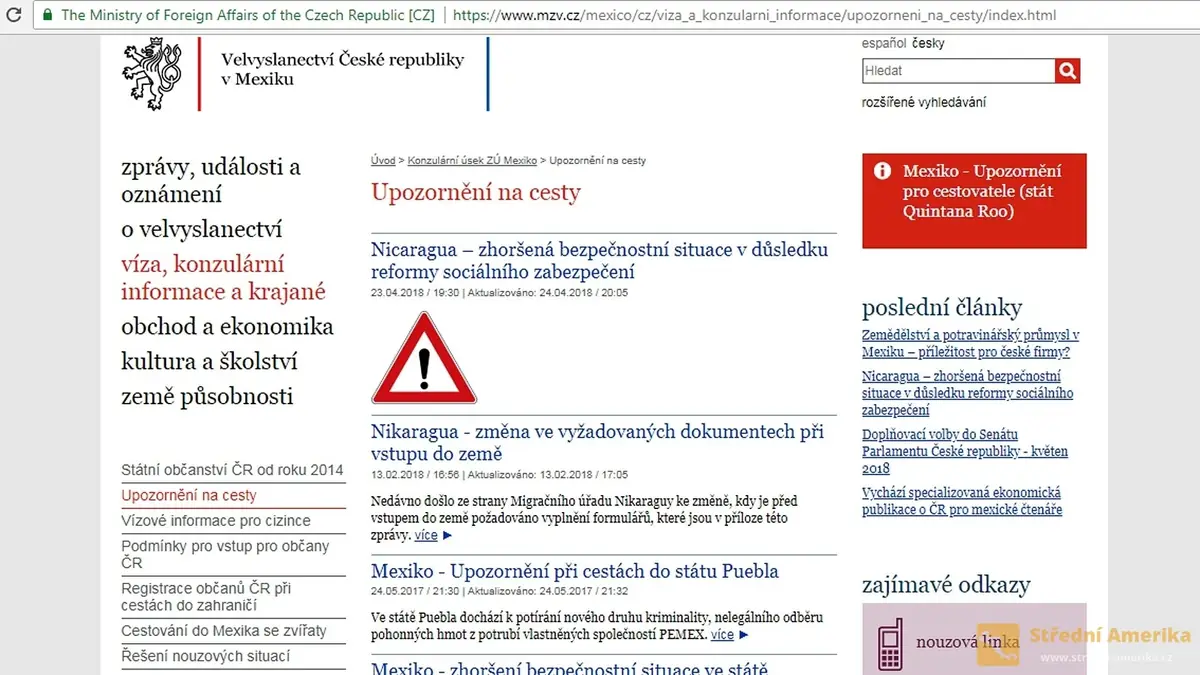 Stránky MZV ČR obsahují vše, co by měl občan před cestou do Nikaraguy vědět.